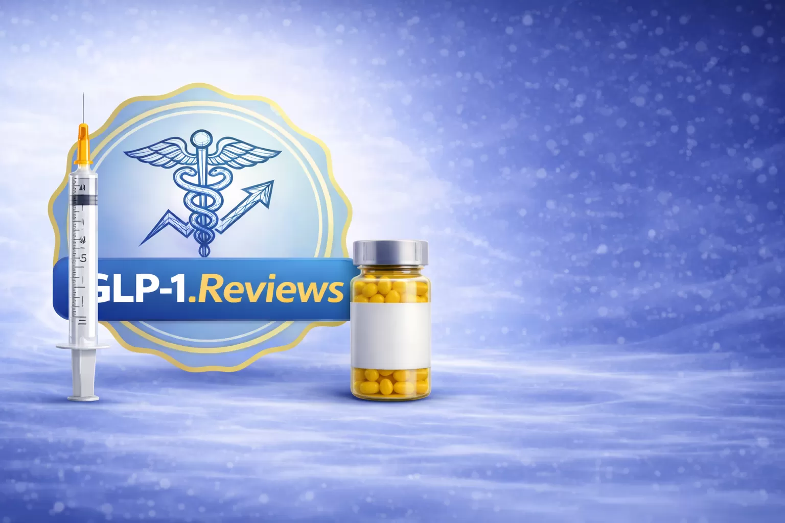 GLP-1.Reviews logo with a GLP-1 injection syringe and a bottle of prescription capsules