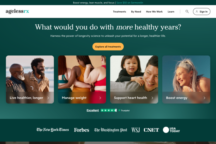AgelessRx homepage showing GLP-1 weight loss services