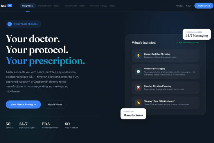 Ask-RX homepage showing GLP-1 weight loss services