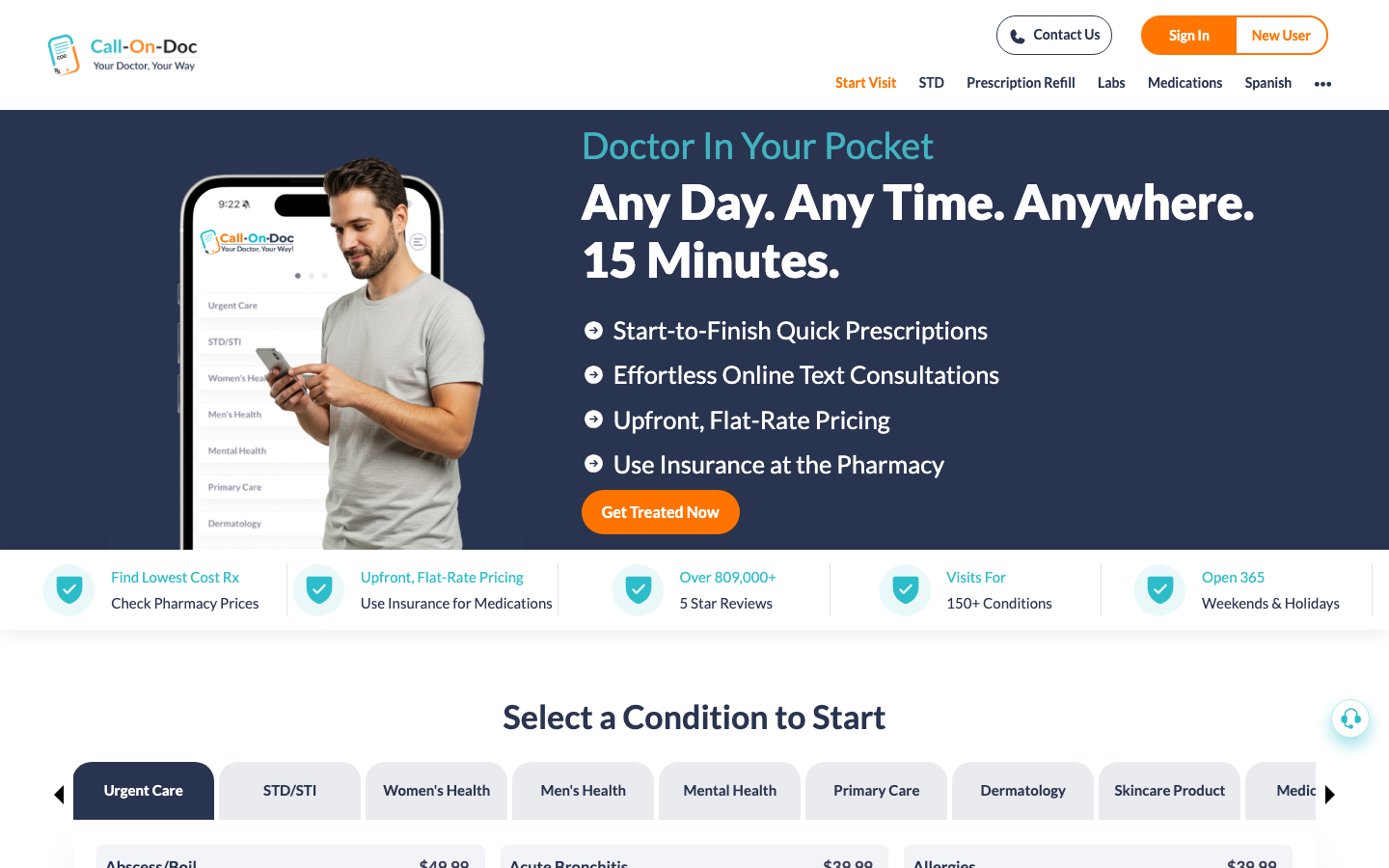 Call-On-Doc homepage showing GLP-1 weight loss services