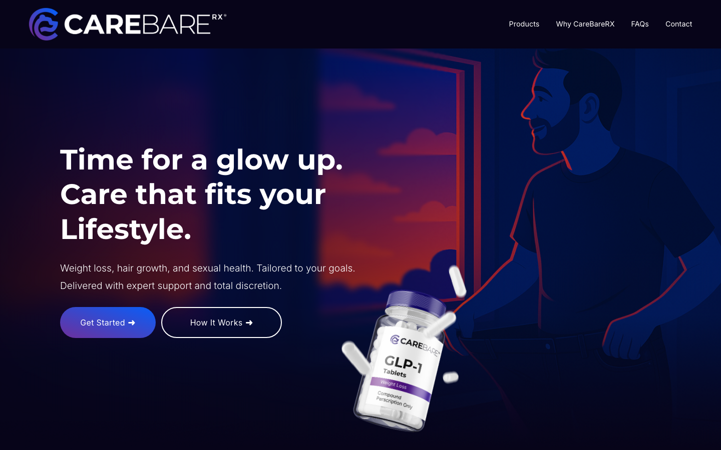 CareBareRX homepage showing GLP-1 weight loss services