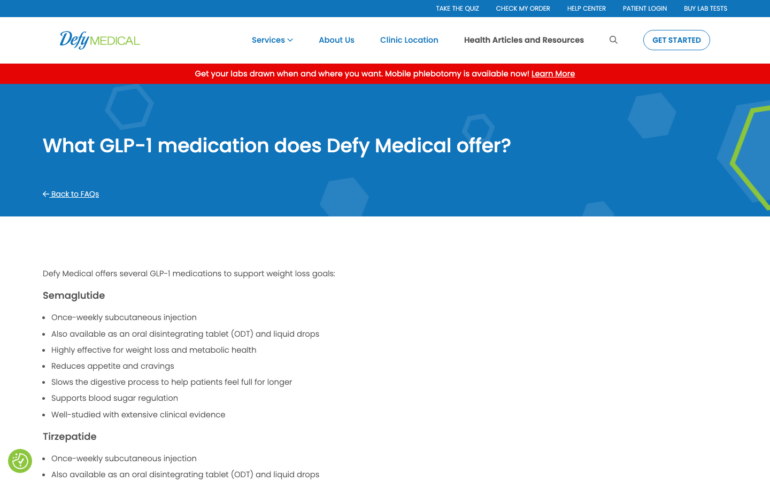 Defy Medical GLP-1 weight loss program page