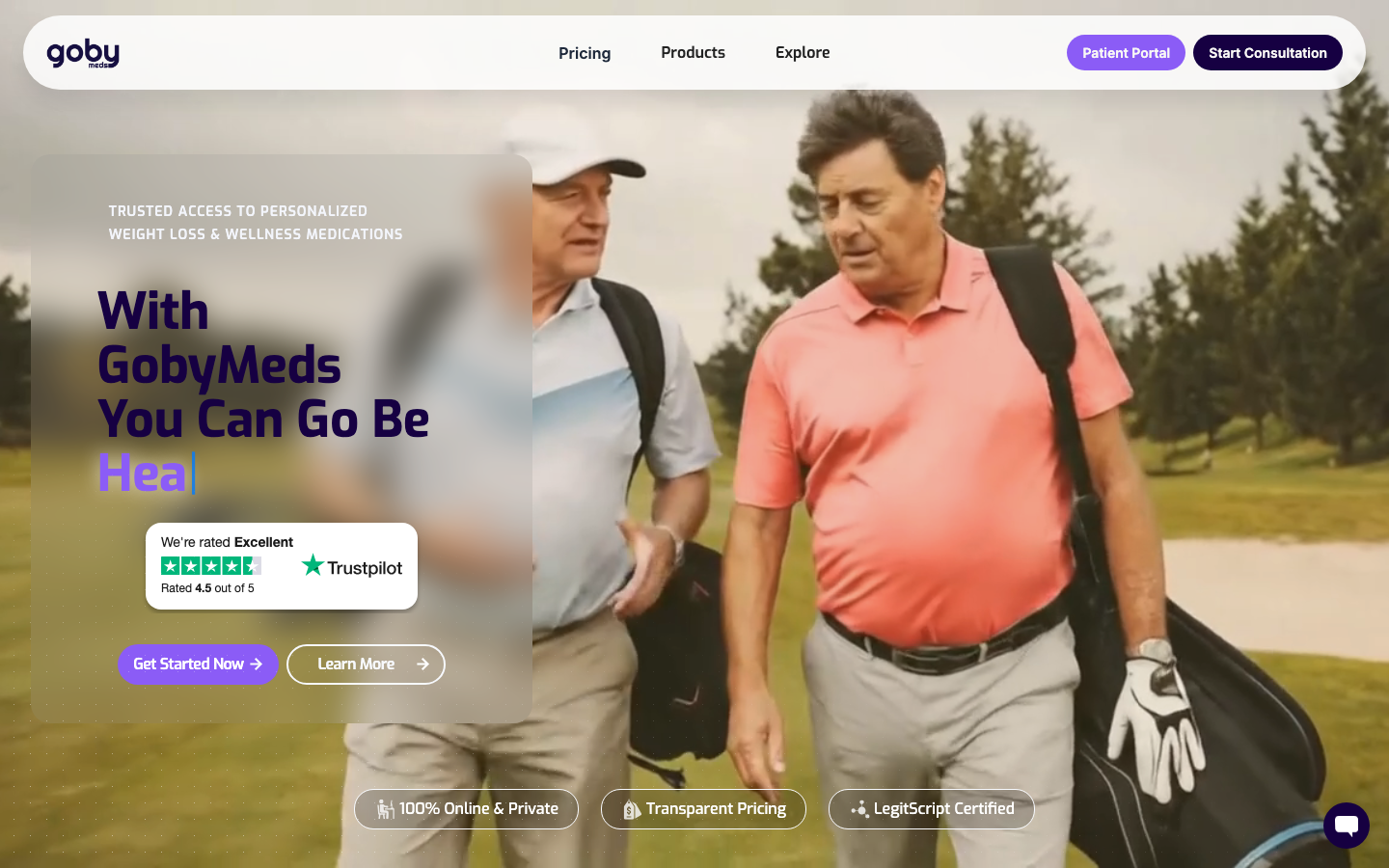 GobyMeds homepage showing GLP-1 weight loss services