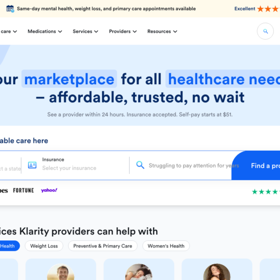 Klarity Health homepage showing GLP-1 weight loss services