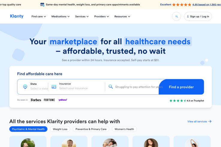 Klarity Health homepage showing GLP-1 weight loss services