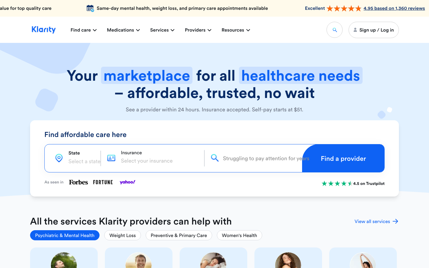 Klarity Health homepage showing GLP-1 weight loss services