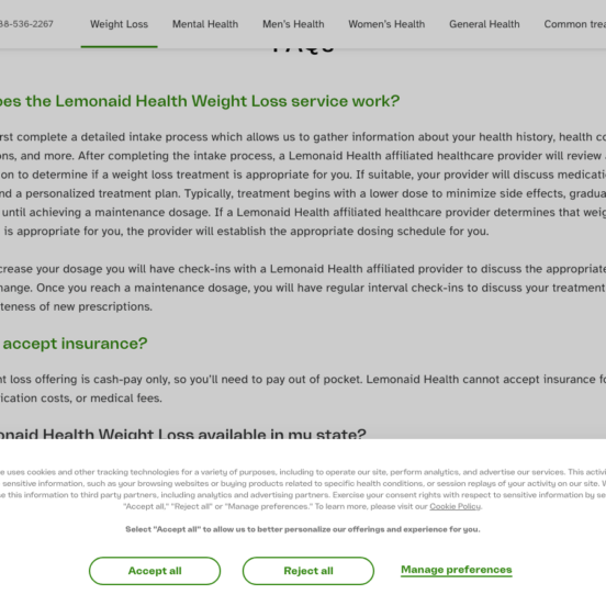 Lemonaid Health homepage showing GLP-1 weight loss services