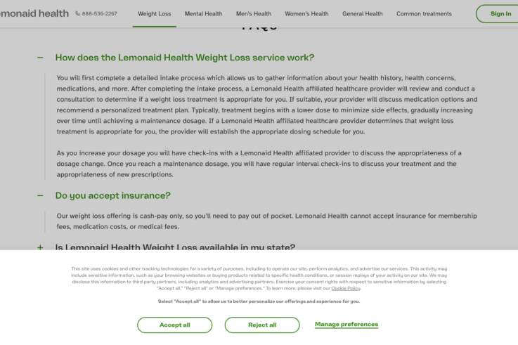 Lemonaid Health homepage showing GLP-1 weight loss services