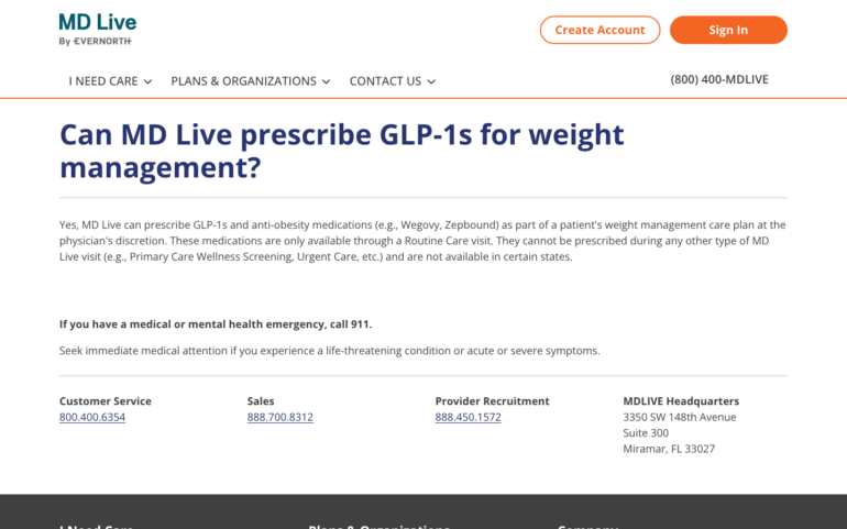 MDLive GLP-1 weight loss program page