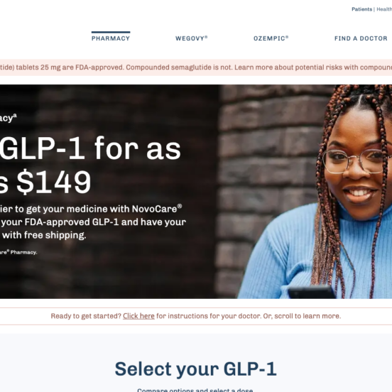 NovoCare Pharmacy homepage showing GLP-1 weight loss services