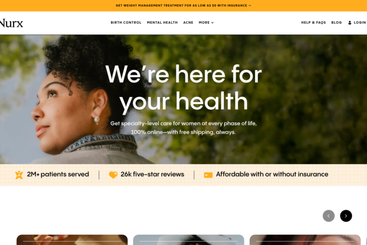 Nurx homepage showing GLP-1 weight loss services