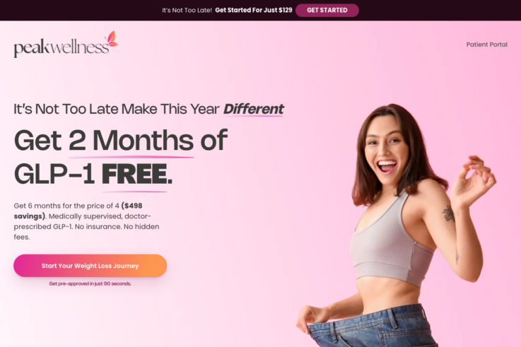 Peak Wellness homepage showing GLP-1 weight loss services