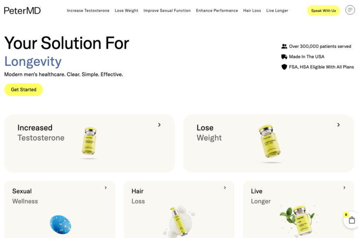 PeterMd homepage showing GLP-1 weight loss services