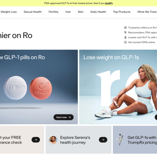Ro homepage showing GLP-1 weight loss medications and services