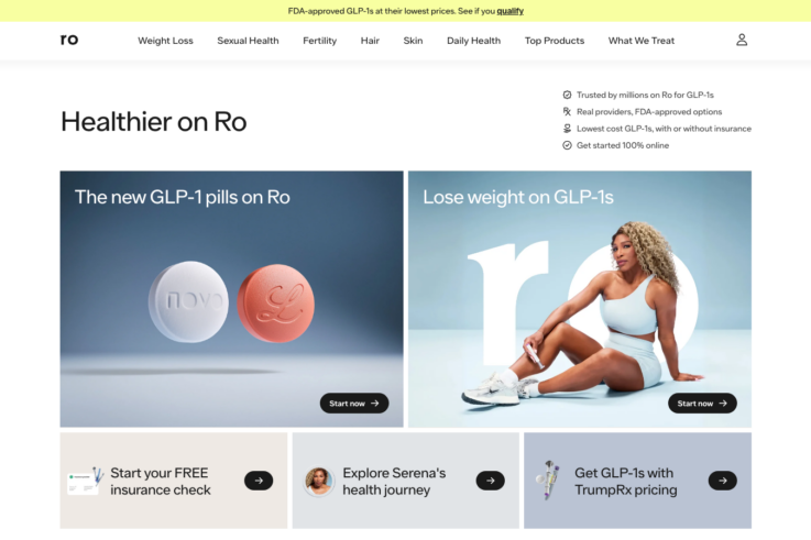 Ro homepage showing GLP-1 weight loss medications and services
