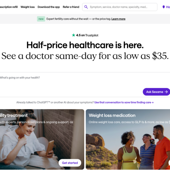 Sesame Care homepage showing GLP-1 weight loss services