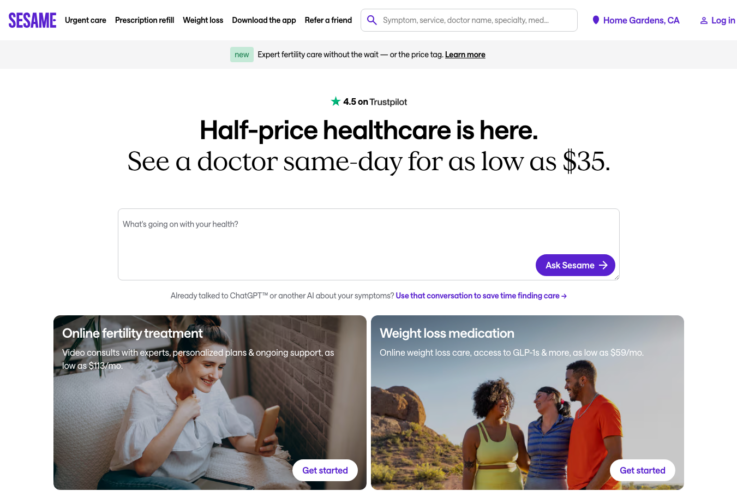 Sesame Care homepage showing GLP-1 weight loss services
