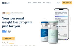 Trim RX homepage with personal weight-loss program messaging and medication vial imagery