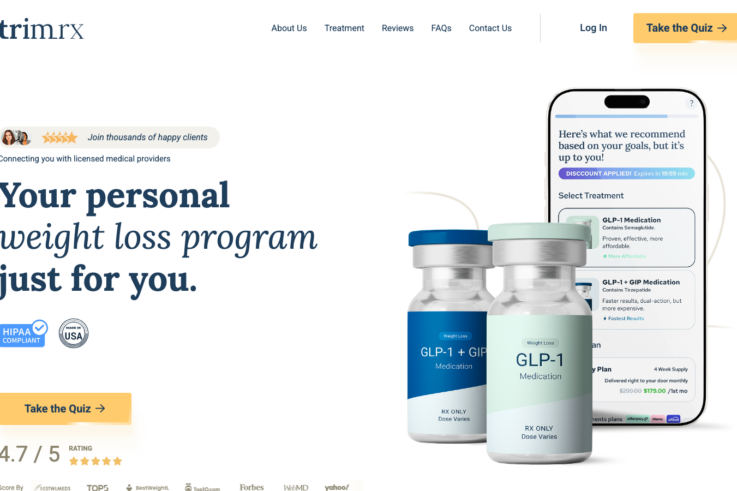 Trim RX homepage with personal weight-loss program messaging and medication vial imagery