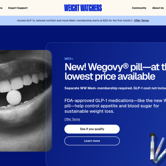 WeightWatchers Clinic homepage showing GLP-1 weight loss services