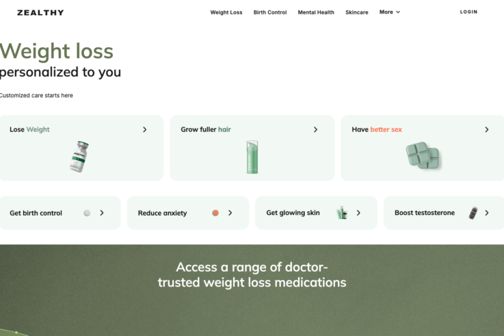 Zealthy homepage showing GLP-1 weight loss services