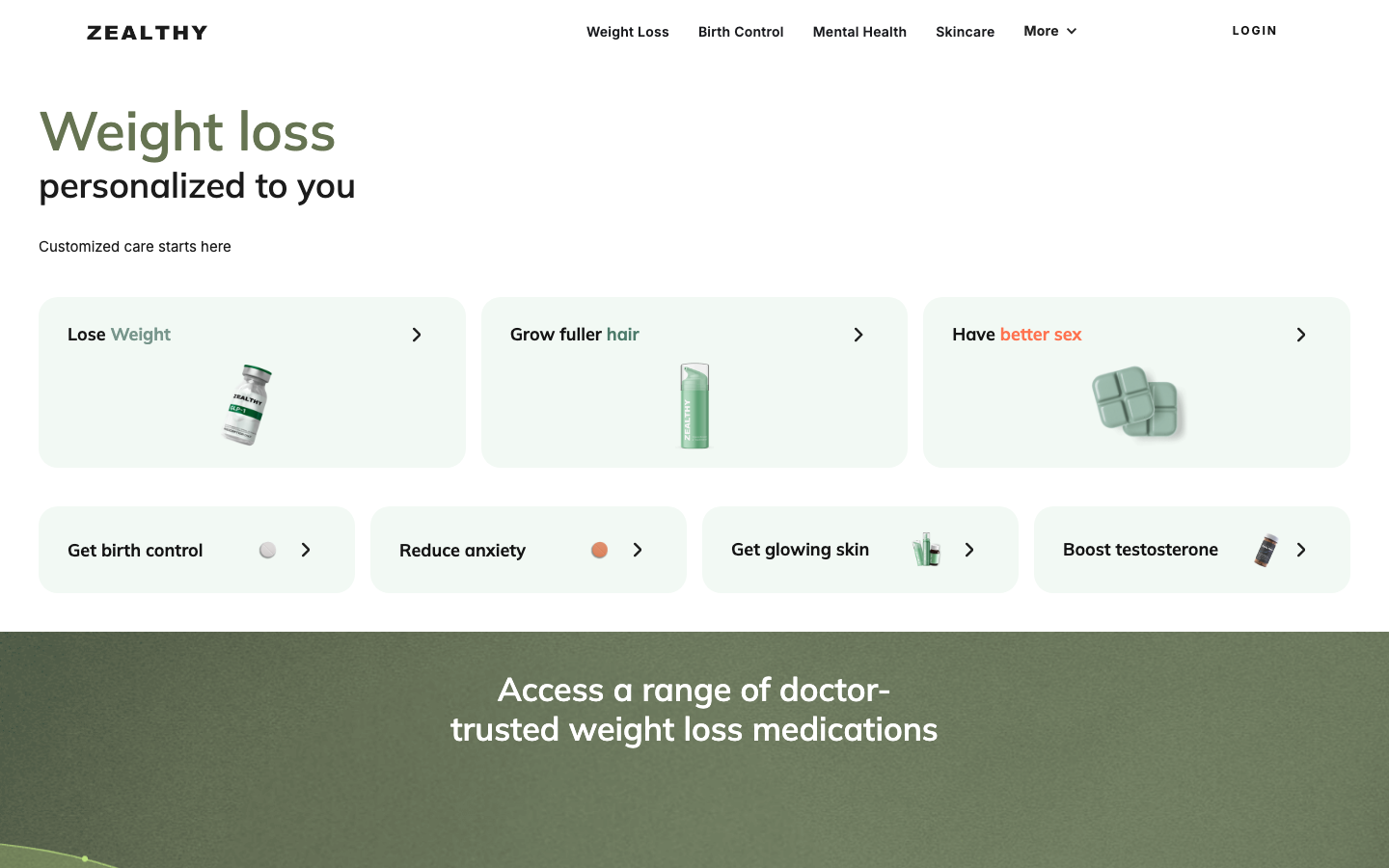 Zealthy homepage showing GLP-1 weight loss services