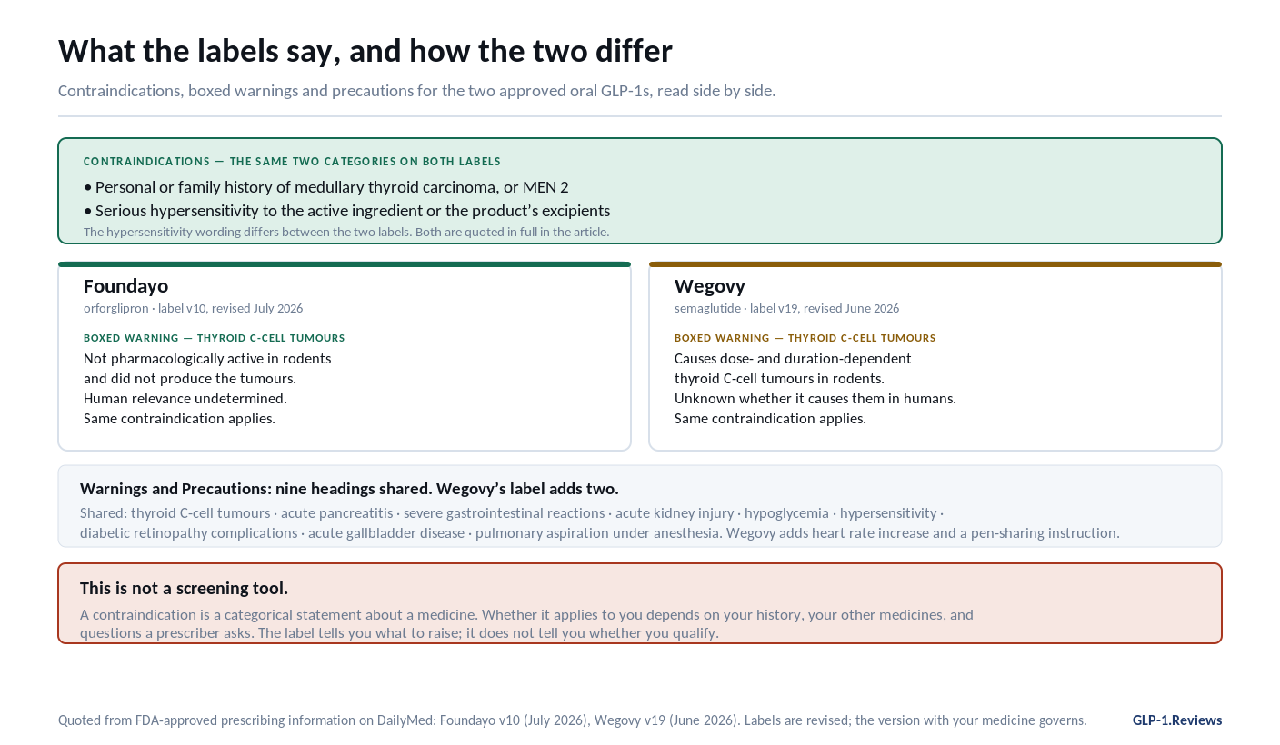 Foundayo (label v10, July 2026) and Wegovy (label v19, June 2026) side by side: the same two contraindication categories, boxed warnings on thyroid C-cell tumours that differ on rodent evidence, nine shared Warnings and Precautions headings with two more on Wegovy's label