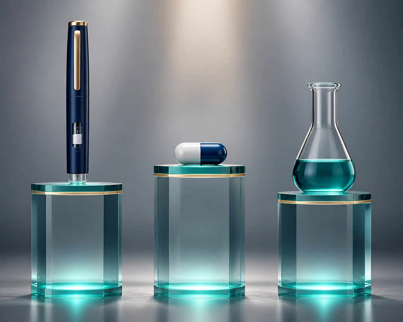 Visual comparison of GLP-1 delivery formats including injectable pens, oral tablets, and compounded solutions.