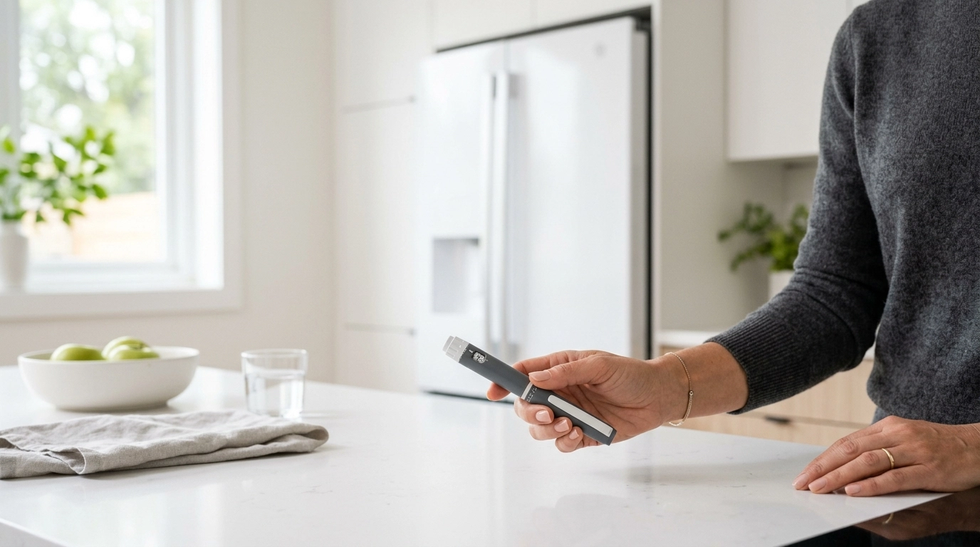 Minimalist premium lifestyle photo of a person holding a GLP-1 injection pen in a clean modern kitchen