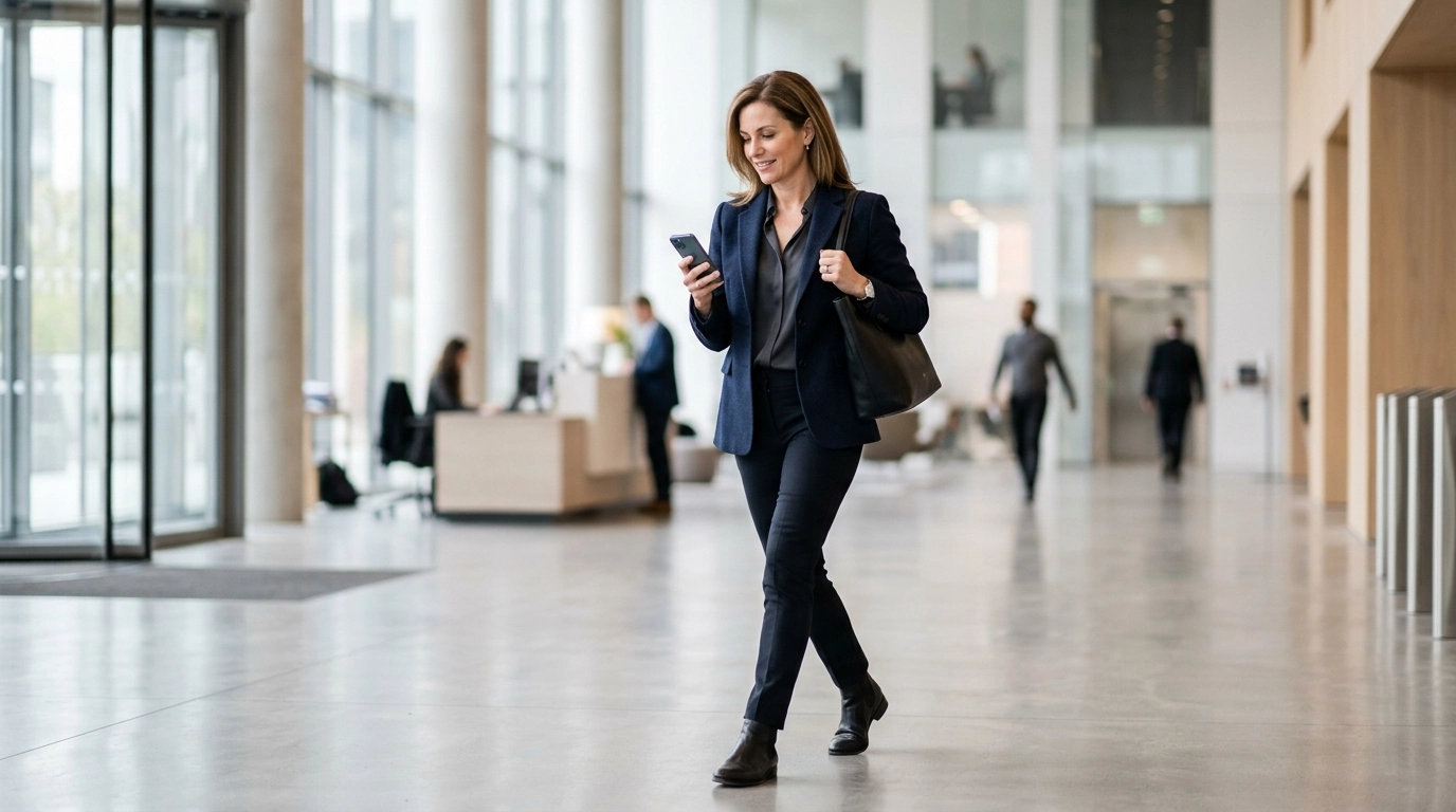 Busy professional woman in a modern office lobby using her smartphone