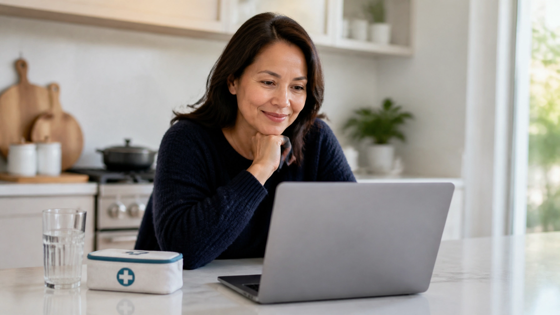 A woman in a modern kitchen looking at her laptop with a look of relief, representing the clarity of choosing the right telehealth provider.