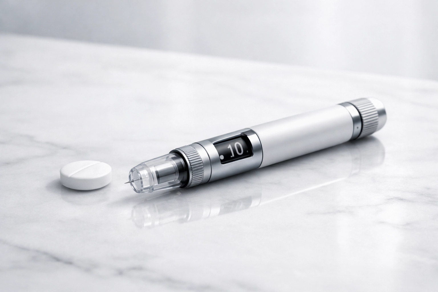 GLP 1 pills vs injection pen side by side, illustrating GLP1 meds absorption differences